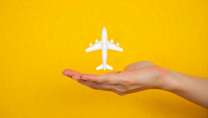Male hand holding a model of a white aircraft against a yellow background