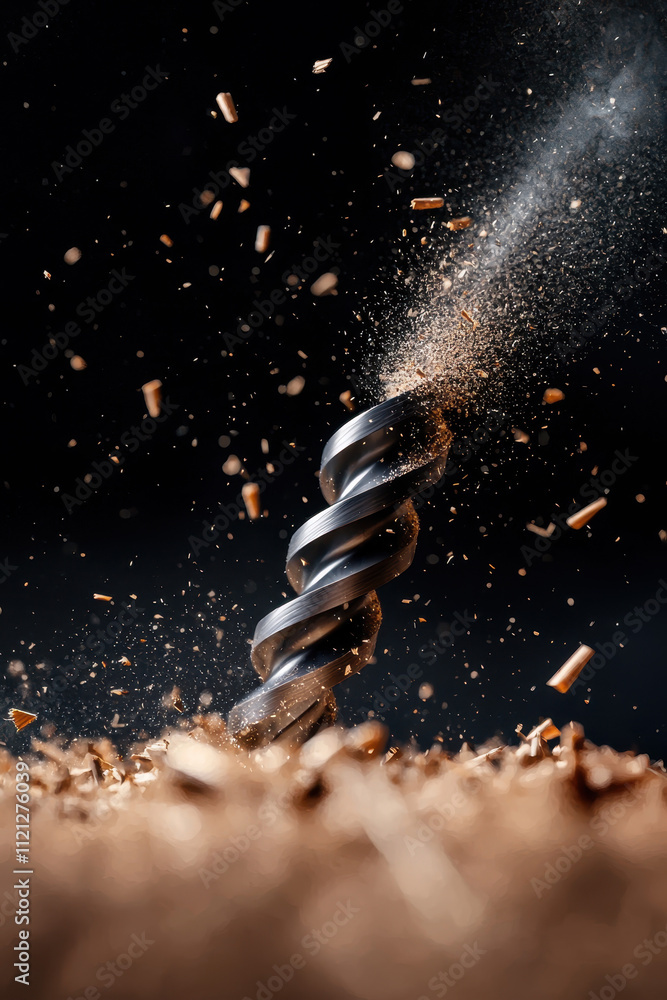 Poster dynamic close-up of a drill bit in action with brown and silver tone
