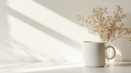 White Mug  Dried Flowers  Sunlight  Minimalist Aesthetic