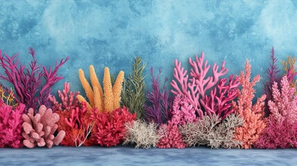 A vibrant underwater scene featuring colorful coral formations against a textured blue background, showcasing natural beauty and biodiversity.