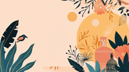 Nature scene with vibrant plants and bird artistic illustration relaxing environment