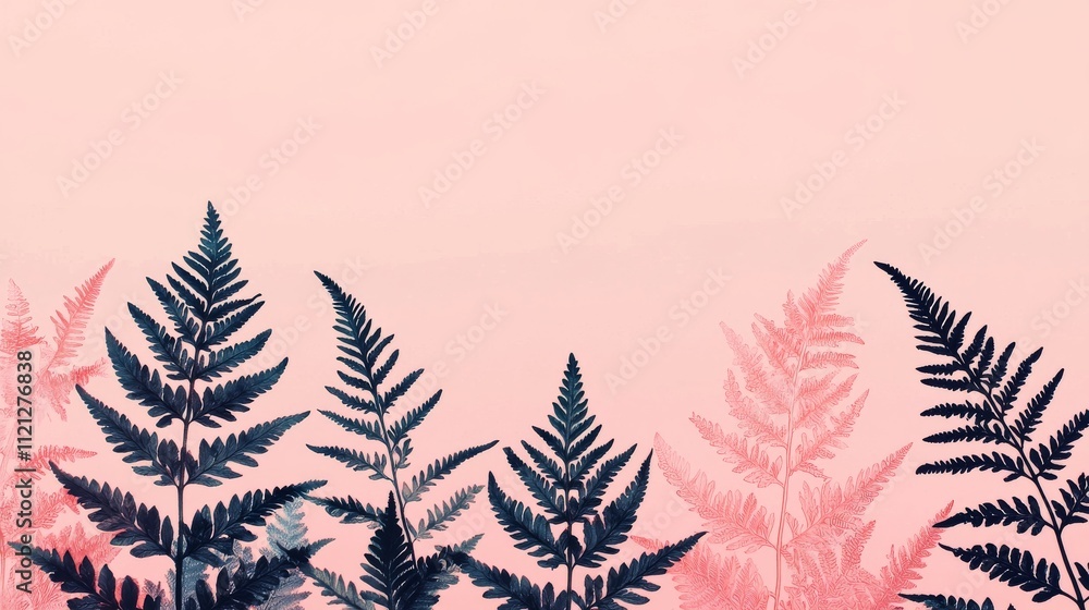 Poster a serene backdrop featuring dark ferns against a soft pink background, creating a calming and artist
