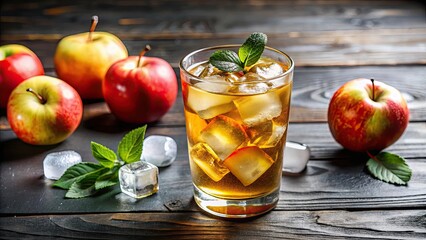glass with cold apple juice and ice cubes, glass, cold, apple juice, ice, refreshment, drink, beverage,fresh