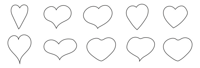 Set of doodle hearts of different shapes. Hearts drawn with black lines. Vector outlines of the symbol of love and romance. Templates for web design, simple vector for a postcard for Valentine's Day.
