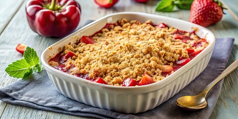 Strawberry rhubarb crisp with golden oat topping and pink filling, bubbling in a dish, strawberry, rhubarb, crisp, golden, oat