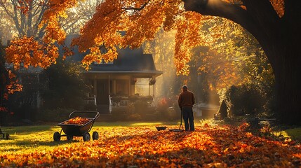 A tranquil moment in a suburban yard where a man mows a colorful autumn lawn, golden and crimson leaves piling up, with a wheelbarrow and rake nearby,