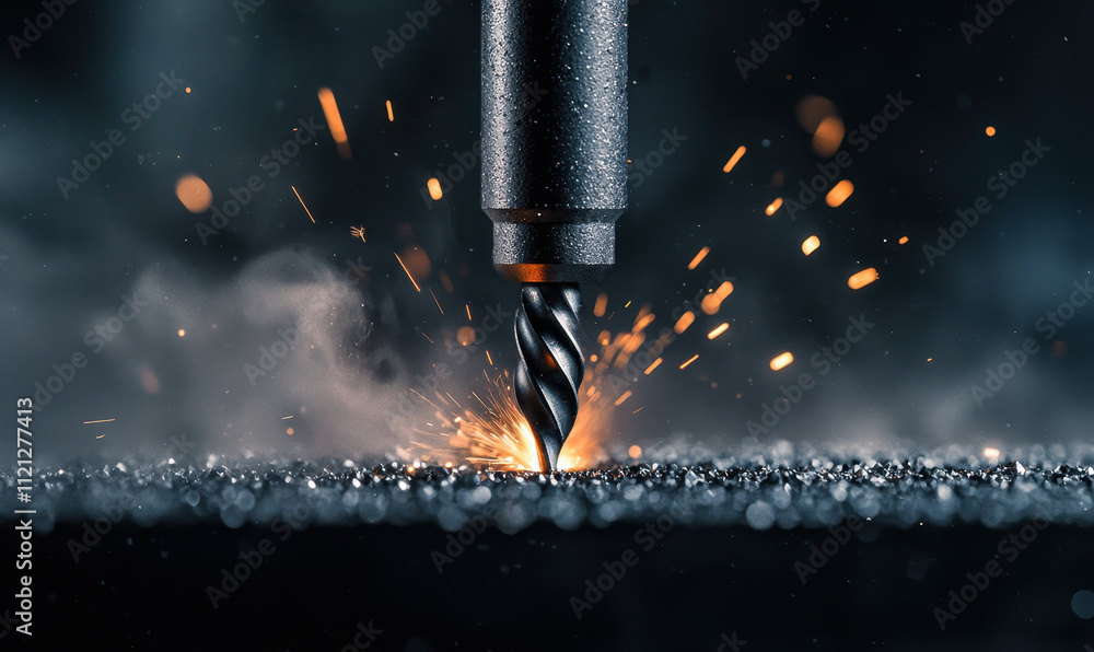 Poster dynamic close-up of cnc machining with steel drill bit and spark effects in dark industrial setting