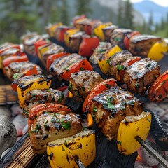 Tender steak and vegetable skewer grilled on a campfire with a hint of char and a scenic mountain backdrop shot from a low angle to emphasize the juiciness