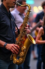 Obraz premium Man plays saxophone at outdoor jazz music festival. People dance and enjoy the live music. Its urban setting suggests a summer event. A brass band performs. The musician is performing on street stage.