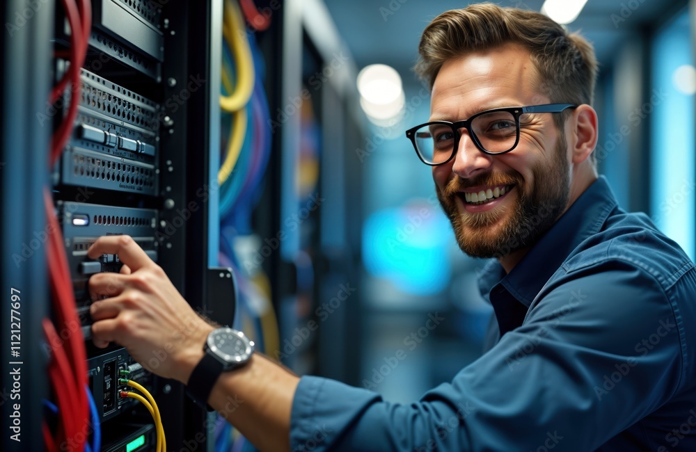 Poster Confident technician works with server hardware in datacenter. Installs maintains equipment. Tech focused, smiling. Photo shows pro in tech environment. Modern tech infrastructure visible. Modern
