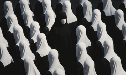 Surreal Black and White Figures in a Minimalistic Art Composition