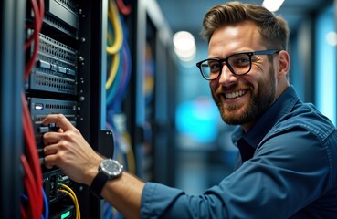 Confident technician works with server hardware in datacenter. Installs maintains equipment. Tech focused, smiling. Photo shows pro in tech environment. Modern tech infrastructure visible. Modern