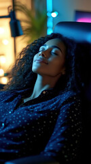 Fototapeta premium Relaxed black woman enjoying break at night in office setting