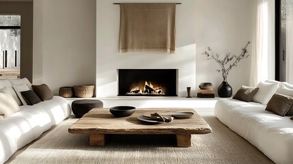 A bright and modern living room showcasing a rustic coffee table, a sleek white fireplace with minimalistic decor above, clean-lined furniture with soft textures,