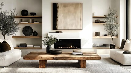 A bright and modern minimalist living room showcasing a rustic barn wood coffee table, warm wooden shelves adorned with green plants and vintage books, a clean-lined white fireplace,