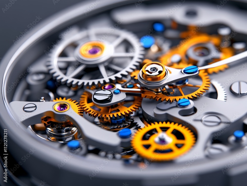 Poster intricate watch mechanism: close-up of a complex, meticulously crafted watch movement, showcasing in