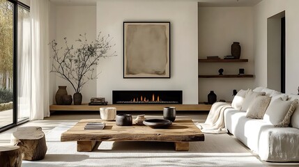 A bright and open living room showcasing a rustic coffee table, modern wooden shelves holding plants and books, a clean and sleek fireplace with a framed artwork above,