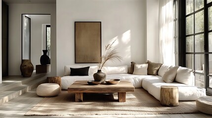 A bright and serene minimalist living room with a barn wood coffee table, a neutral-toned corner sofa, sunlight streaming through tall windows, subtle decor in soft beige tones,