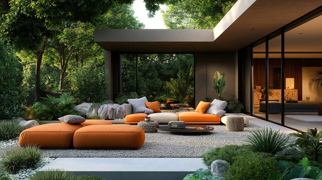 Modern Outdoor Living Area with Orange Cushions and Lush Greenery. A contemporary outdoor living space featuring a modular orange sectional sofa set nestled amongst a lush garden setting.