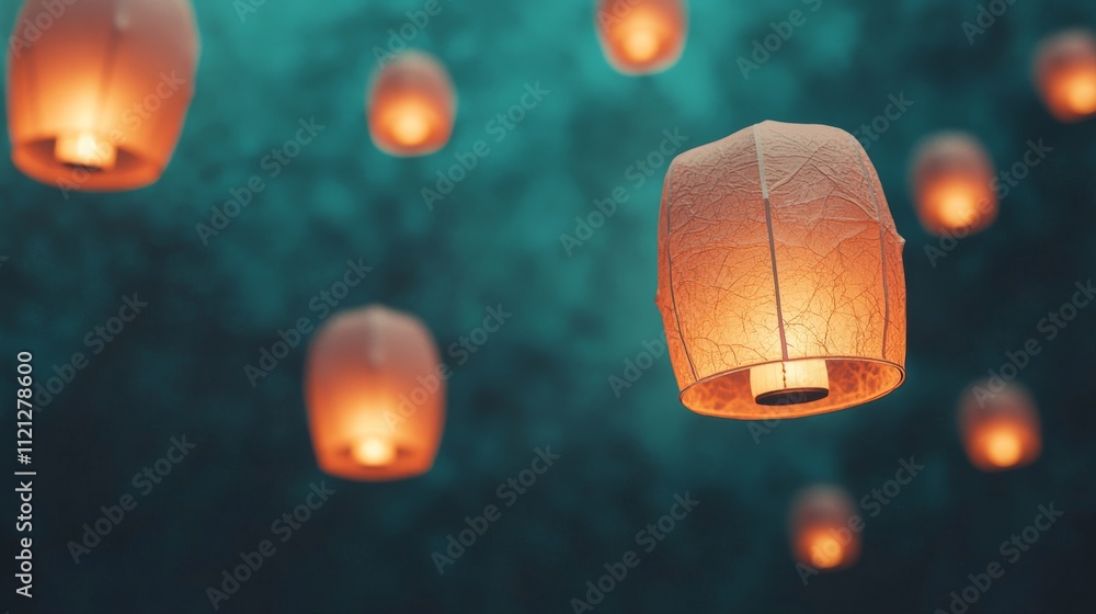 Poster a serene scene featuring glowing lanterns floating against a tranquil background, creating a magical