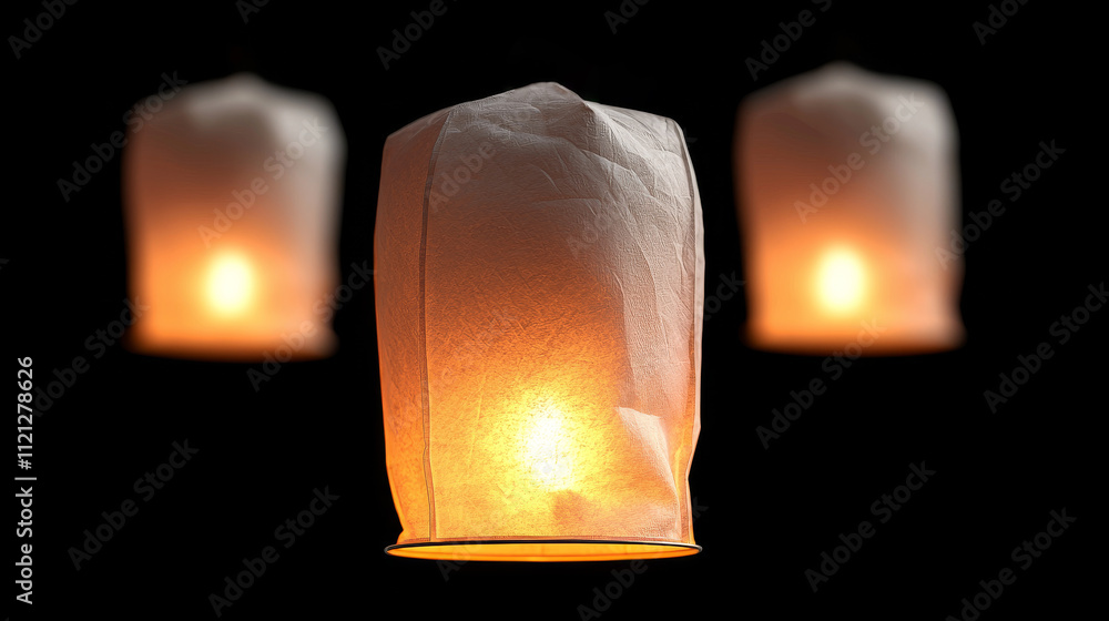 Poster ethereal floating lanterns glow softly against a dark background, creating a serene and magical ambi