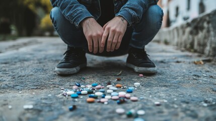 Person Kneeling on the Ground Surrounded by Pills