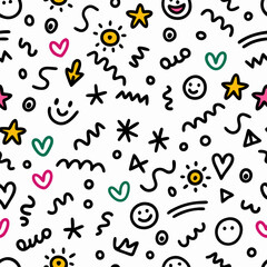 Seamless pattern with hand-drawn doodles hearts, stars, suns, smiles, zigzags.