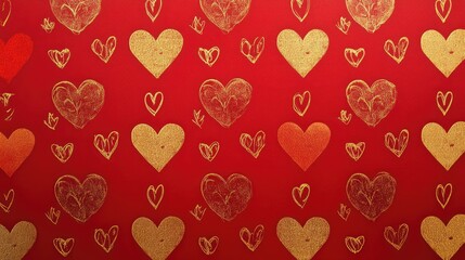 Fototapeta premium A vivid red background illuminated by golden heart designs, gleaming softly to enhance the atmosphere of love and joy.