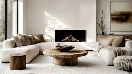 Fototapeta premium A contemporary bright living room featuring a rustic coffee table, a muted beige corner sofa with textured throw pillows, a sleek white fireplace framed by warm-toned minimalist decor,