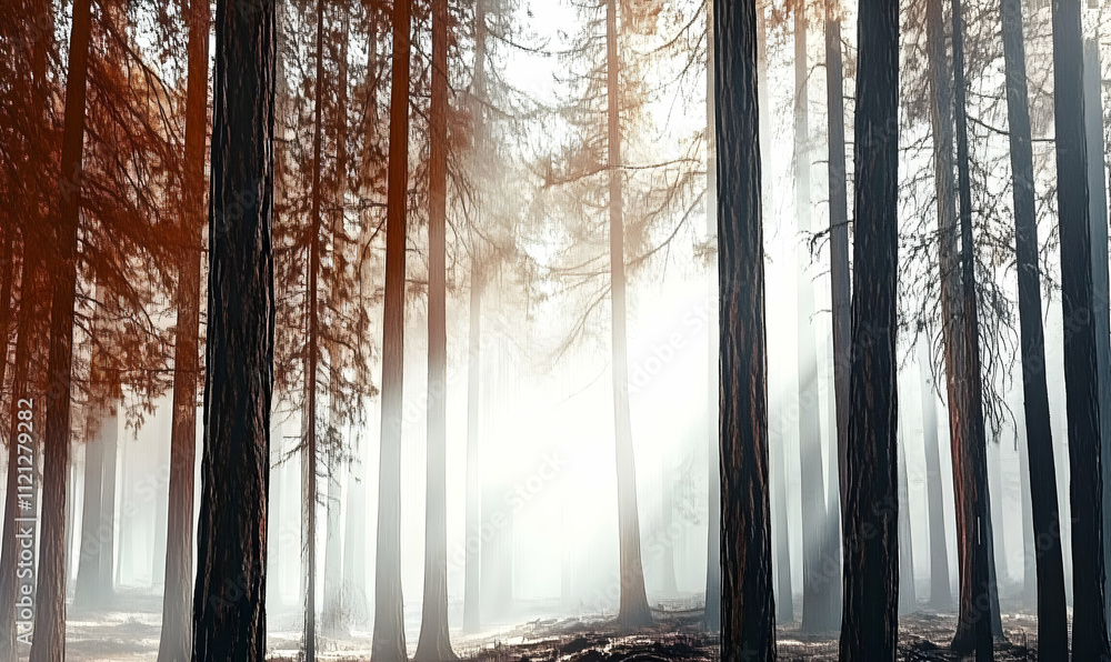 Poster misty forest with tall trees and soft light filtering through, creating a serene atmosphere.