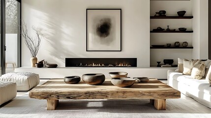 A contemporary living room featuring a rustic barn wood coffee table, a sleek linear fireplace integrated into a smooth white wall, framed monochrome art hanging above,