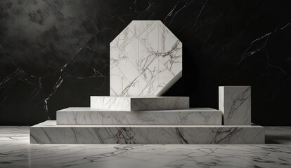 white pedestal steps isolated on black, rhombus marble background, memorial board, art deco geometric frame, abstract minimal concept, blank space, clean design, minimal fashion mockup