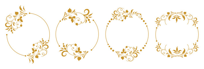 Set of Beautiful floral round frames with vignettes. Slavic old Russian patterns. Design of wedding invitations, anniversaries, congratulations. Vector isolated border.