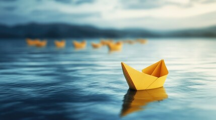 Obraz premium A yellow paper boat steering away from a group of boats on calm water, symbolizing leadership and new directions