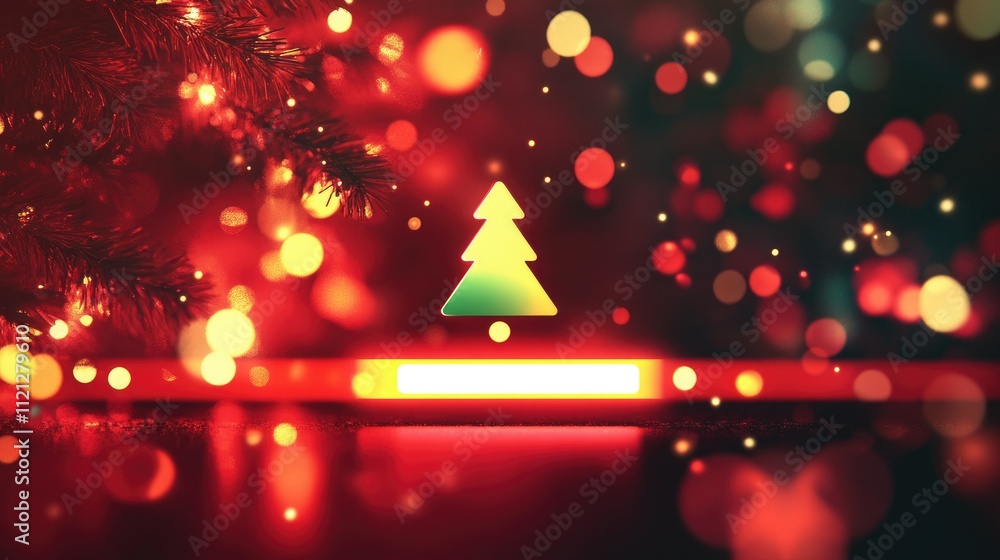 Poster abstract christmas loading concept, red background with a tree icon, progress bar illuminated, festi