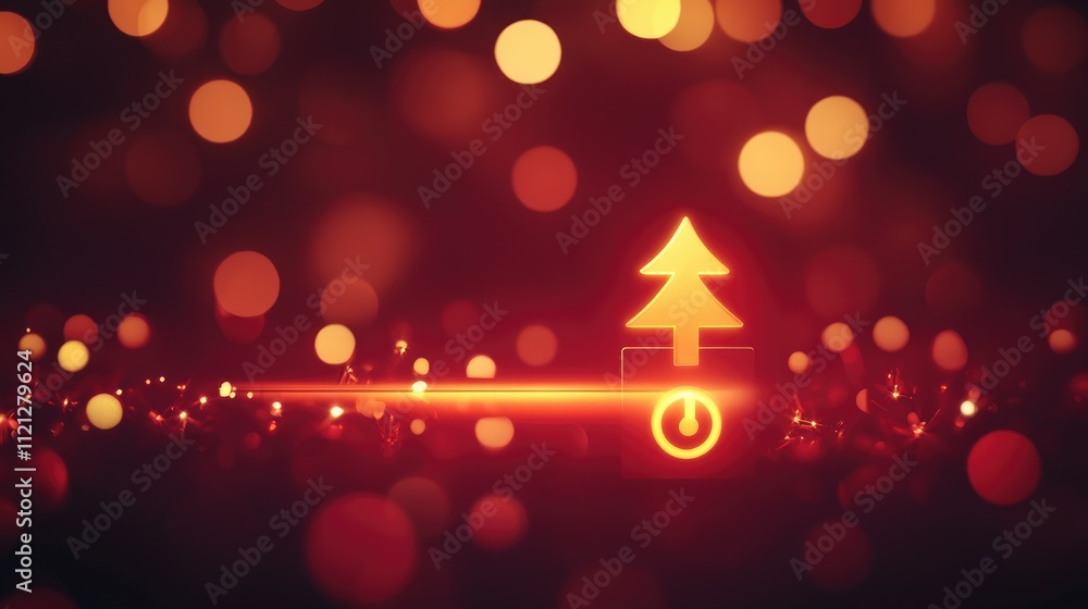 Poster Abstract Christmas loading concept, red background with a tree icon, progress bar illuminated, festive bokeh lights
