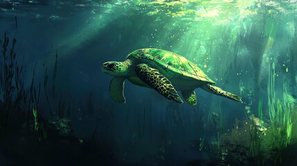 Fototapeta premium Swimming green sea turtle in underwater marine habitat scenic ocean environment nature viewpoint