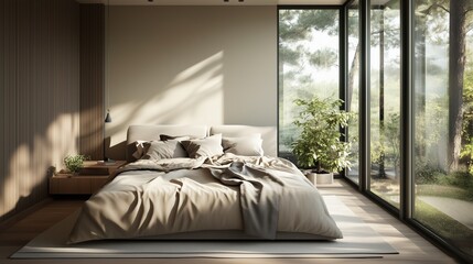 Minimalist bedroom with sleek lines, a cozy bed with soft linens, and natural light flooding in through large windows, emphasizing simplicity and comfort.