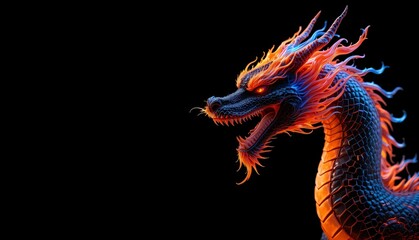  Chinese Fire dragon on a black background. Generative AI Illistration of ancient asian dragon on black background. Dragons background. Place for text., Generative Ai