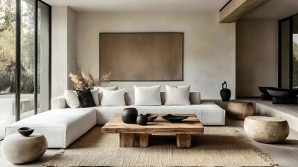 A contemporary minimalist living room showcasing a rustic barn wood coffee table, a light gray corner sofa, large windows letting in warm natural light,
