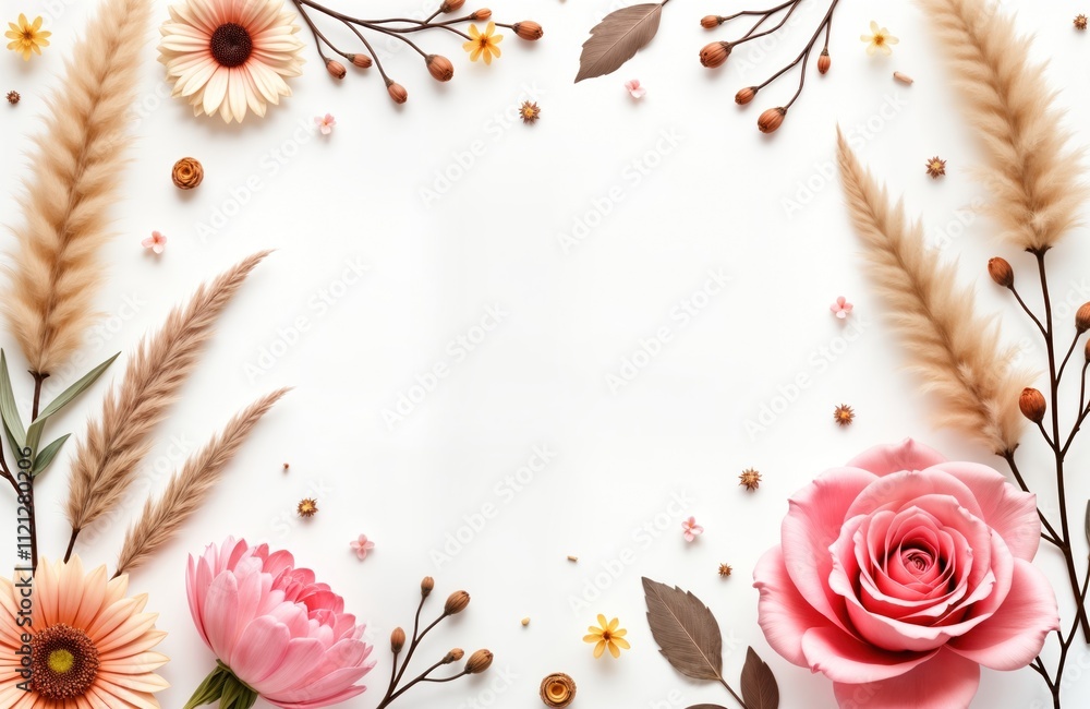 Poster soft pink and beige flowers artfully arranged on a white background. dried flowers and leaves create