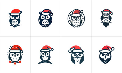 Fototapeta premium Set of Christmas Owl Logo Design Icon Vector Illustration. Merry Christmas