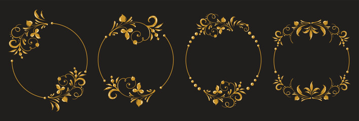 Set of Beautiful golden floral round frame with vignettes. Slavic old Russian patterns. Design of wedding invitations, anniversaries, congratulations. Vector isolated border.