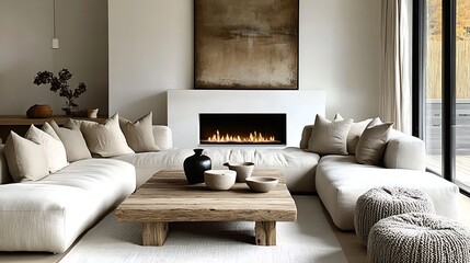 A cozy and modern living room featuring a rustic barn wood coffee table, a sleek corner sofa in muted gray with textured accents, a minimalist white fireplace,