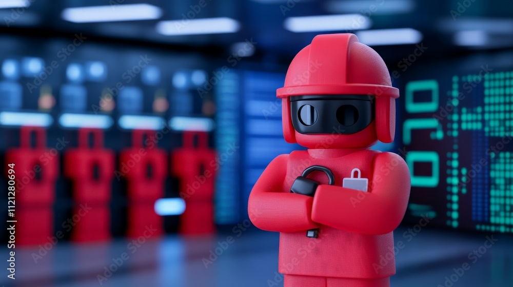 Poster red robot in server room: a futuristic red robot stands confidently in a server room, showcasing a b