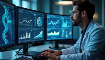 Scientist intently analyzes data on multiple computer screens in modern lab. Complex graphs, charts fill digital interface. Focused pro monitors information. Data analysis in progress. Techy lab