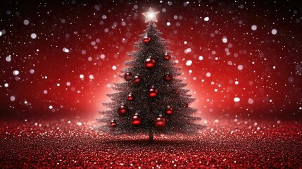 Beautifully lit Christmas tree glowing with ornaments on a rich, shiny red glittering background for holiday joy