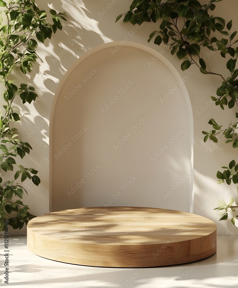 Poster wooden display platform with greenery and archway background