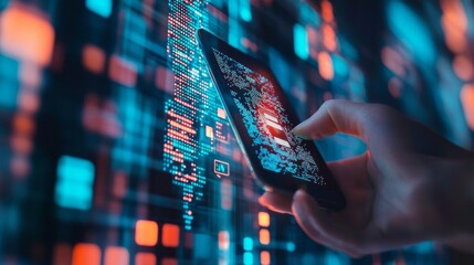 A hand holds a smartphone scanning a vibrant QR code against a dynamic digital backdrop. This represents the fusion of technology and finance, capturing innovative transactions in real-time