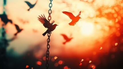 Broken chains fade into the background as birds ascend, representing the joy and triumph of newfound freedom
